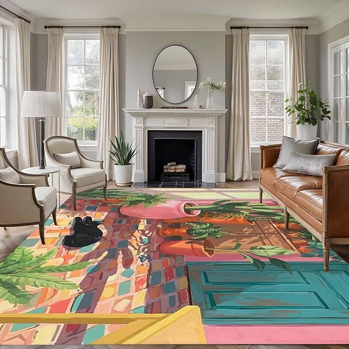 Area Rug 9x12ft, Sleeping Cat Pink Sunlit Room Washable Rugs for Living Room Bedroom Rectangle Floor Carpet, Potted Plants Soft Non-Slip Area Rugs for Dining Room