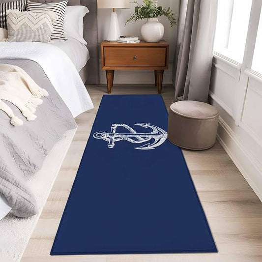Runner Rug for Bedroom Hallway, Marine Theme Anchor String Sketch Kitchen Runner Rugs Area Rug 2x6ft, Watercolor Nautical Theme Washable Soft Floor Carpet for Entryway Stair