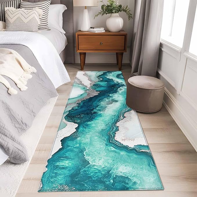Runner Rug for Bedroom Hallway, Abstract Blue Marble Texture Kitchen Runner Rugs Area Rug 2x6ft, Modern Luxury Pattern Washable Soft Floor Carpet for Entryway Stair