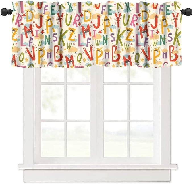 Kids Alphabet Valance Curtain, Cartoon Funny Educational Learning Tool Short Window Treatment for Kitchen Bedroom Nursery Classroom Decor, 54x18Inch
