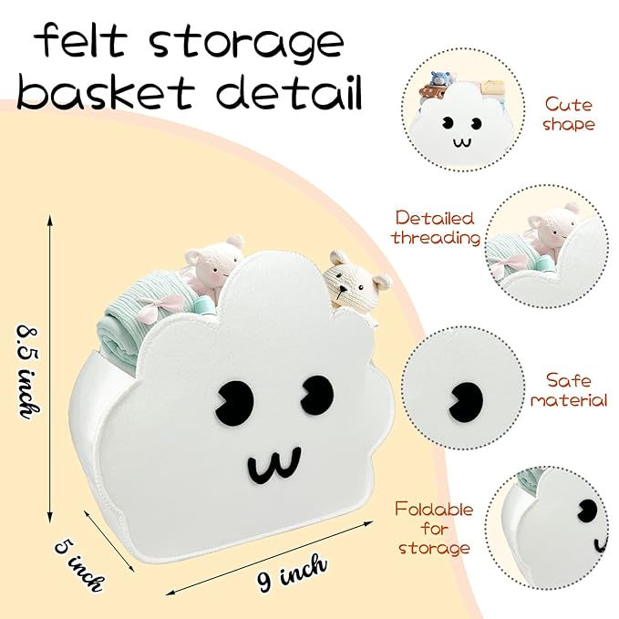 Cloud Shaped Felt Storage Caddy;Felt Baby Basket, Nursery Organizer with Cloud Design for Storage Infant Newborn Essentials,Foldable Bathroom and Bedroom Stuff Diaper Toys Baby Vintage Decor