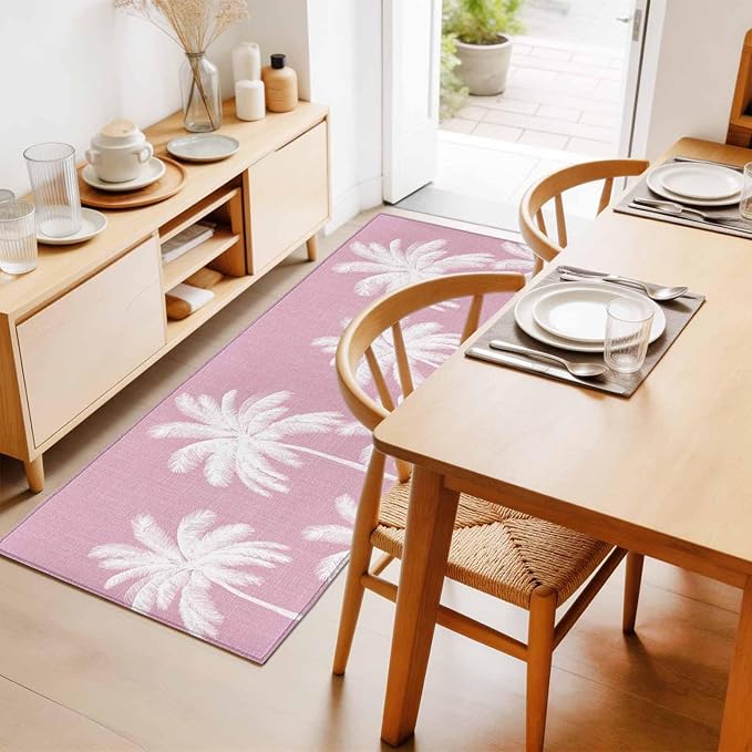Runner Rug for Bedroom Hallway, Boho Pink Palm Trees Vintage Kitchen Runner Rugs Area Rug 2x6ft, Summer Tropical Leaves Washable Soft Floor Carpet for Entryway Stair