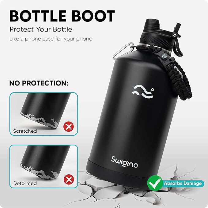 Swigina [2-IN-1 LID] Gallon Insulated Water Bottle with Silicone Boot (48hrs Cold/24hrs Hot) - DIY Stickers, Leakproof, BPA Free, 128 oz