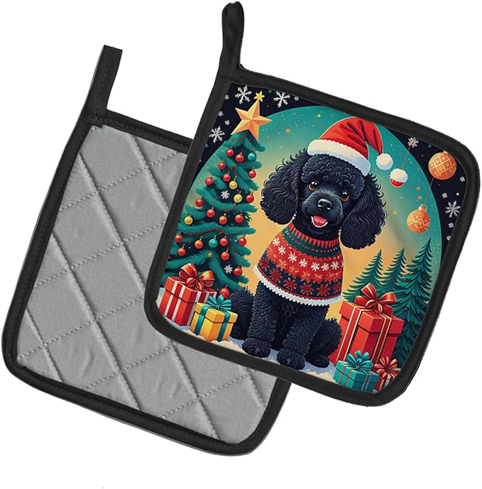 Caroline's Treasures Black Toy Poodle Christmas Pair of Pot Holders Kitchen Heat Resistant Pot Holders Sets Oven Hot Pads for Cooking Baking BBQ, 7 1/2 x 7 1/2