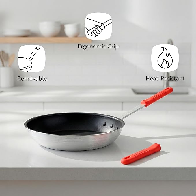Restaurantware Silicone Hot Handle Holder - Met Lux Heat Resistant Fry Pan Sleeve, Dishwasher Safe - Non-Slip Pat Holder Sleeve Fits 10 inch &12 inch Aluminum Pans, Red
