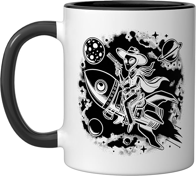 Alien Lover Flying Saucer UFO Extraterrestrial Cowboy Ceramic Mug, Black/White