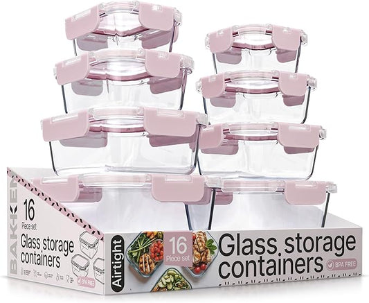 Bakken Borosilicate Glass Food Storage Containers with Lids 16 Pieces, BPA-Free Stackable Lunch & Leftover Containers, Microwave, Freezer & Dishwasher Safe, 100% Airtight Leak-Proof, Pink