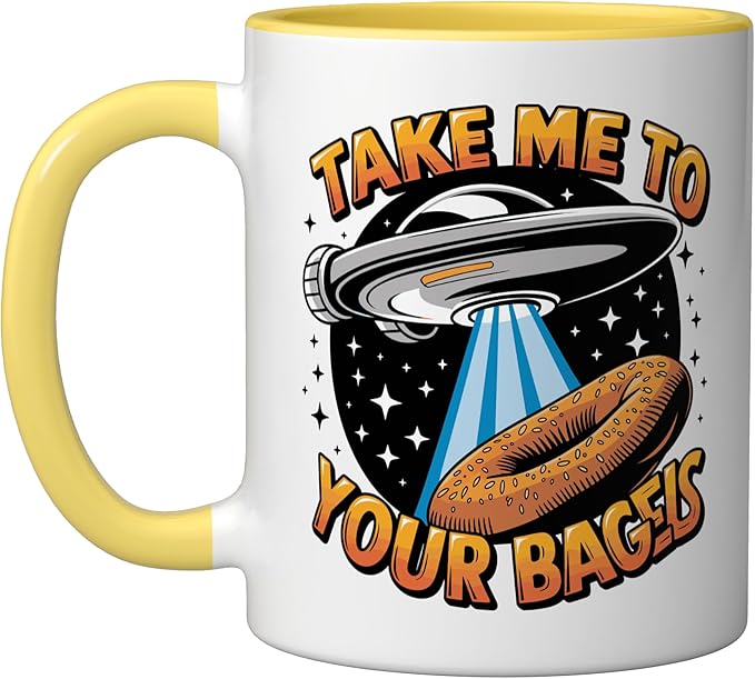 Take Me to Your Bagels UFO Abduction Jewish Funny Bagel Ceramic Mug, Yellow/White