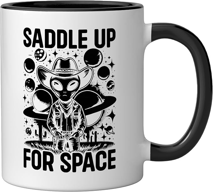 Alien Lover Flying Saucer UFO Extraterrestrial Cowboy Ceramic Mug, Black/White