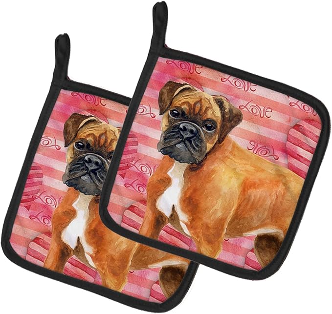 Caroline's Treasures BB9727PTHD German Boxer Love Pair of Pot Holders, Red Kitchen Heat Resistant Pot Holders Sets Oven Hot Pads for Cooking Baking BBQ, 7 1/2 x 7 1/2