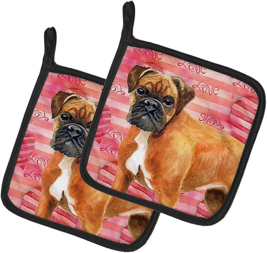 Caroline's Treasures BB9727PTHD German Boxer Love Pair of Pot Holders, Red Kitchen Heat Resistant Pot Holders Sets Oven Hot Pads for Cooking Baking BBQ, 7 1/2 x 7 1/2