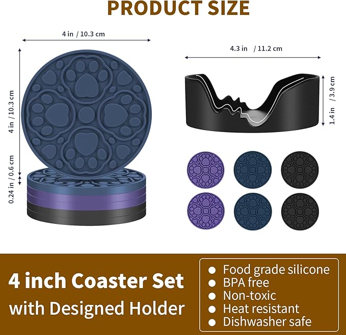 4 Inch Round Silicone Coasters Set of 6 (Black, Blue, Purple), Non-Slip Drink Coaster Set for Coffee Tables & Desks, Heat-Resistant Table Protection Mats for Home, Kitchen, Living Room, Office