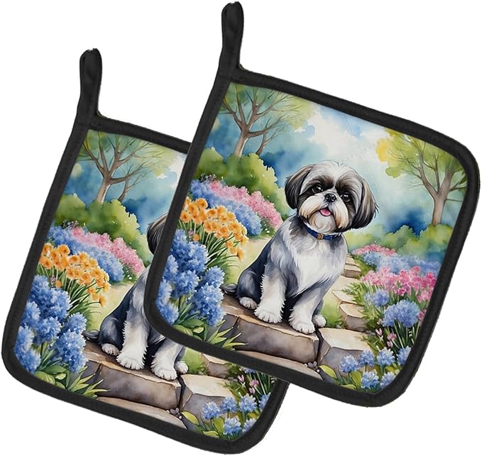 Caroline's Treasures Shih Tzu Spring Path Pair of Pot Holders Kitchen Heat Resistant Pot Holders Sets Oven Hot Pads for Cooking Baking BBQ, 7 1/2 x 7 1/2