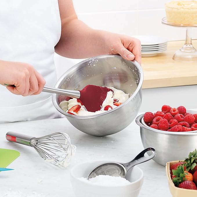 Tovolo Silicone Cooking Utensil Set of 6 Stainless Steel Handle Ladle Slotted Turner Tongs Flex Core Spatula Scraper Mixing Spoon & Potato Masher, Dishwasher Safe BPA Free Utensils, Cayenne Red