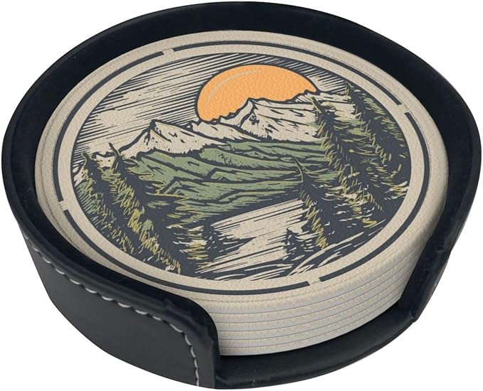 Mountain Sunset Leather Drinks Coasters with Holder, Set of 6, Suitable for Various Cups