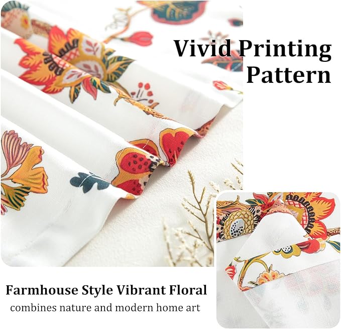 Leeva Farmhouse Floral Linen Valances for Kitchen Windows - Light Filtering Short Curtain with Rod Pocket, Rustic Decorative Valance for Cafe & Living Room, 52x12 Inches