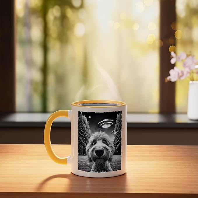 Funny Golden Doodle Selfie UFO Encounters for Dog Lovers Ceramic Mug, Yellow/White