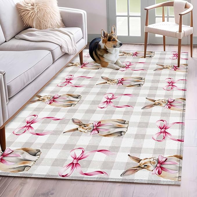 Area Rug 4x6ft, Easter Rabbit Pink Bow Washable Rugs for Living Room Bedroom, Seamless Bunny Gray Buffalo Plaid Soft Non-Slip Area Rugs Rectangle Floor Carpet for Dining Room