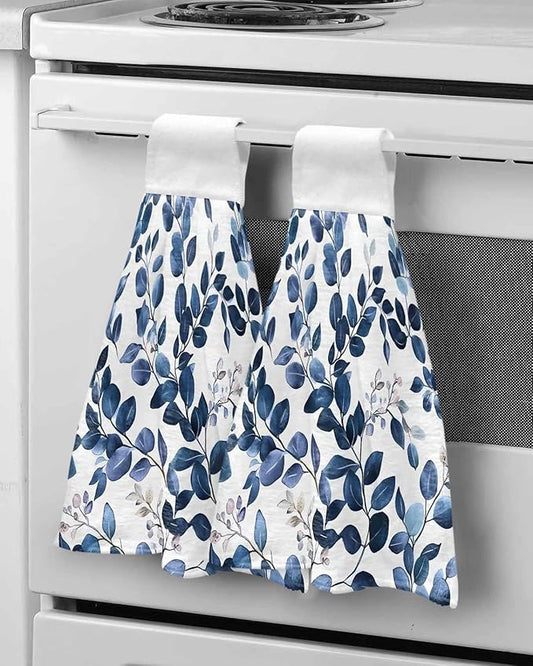 Alandar Home Kitchen Tie Towel Set of 2, Pastoral Eucalyptus Leaves Absorbent Soft Hand Towels for Bathroom Hanging Towels, Navy Blue Botanical On White Fast Drying Cleaning Cloth with Loop