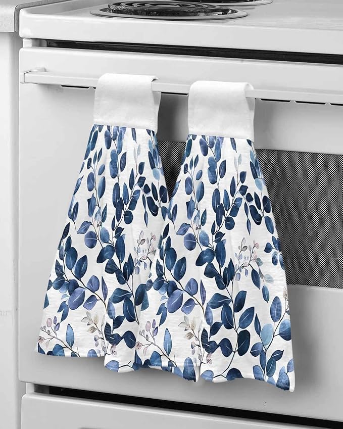 Alandar Home Kitchen Tie Towel Set of 1, Pastoral Eucalyptus Leaves Absorbent Soft Hand Towels for Bathroom Hanging Towels, Navy Blue Botanical On White Fast Drying Cleaning Cloth with Loop