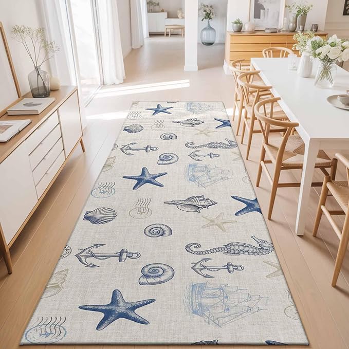 Runner Rug for Bedroom Hallway, Coastal Seahorse Starfish Shell Conch Kitchen Runner Rugs Area Rug 2x6ft, Vintage Nautical Anchor Washable Soft Floor Carpet for Entryway Stair