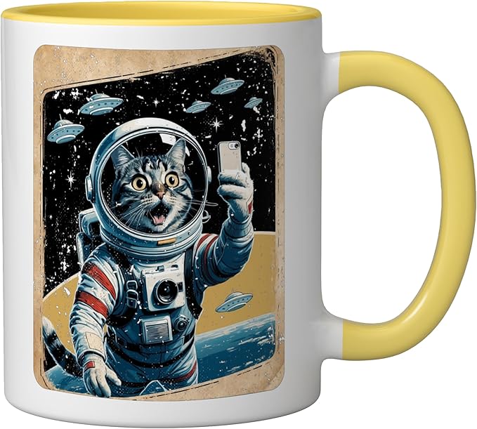 Space Cat Astronaut UFO Funny Sci-fi Alien Selfie Ceramic Mug, Yellow/White