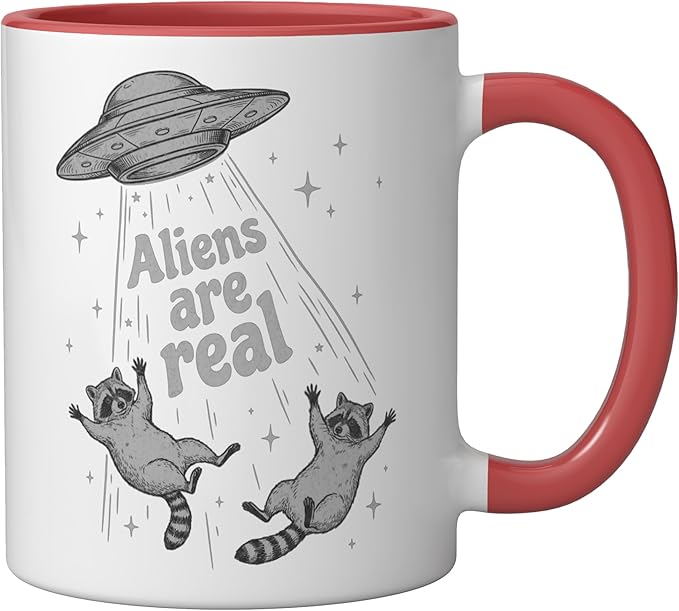 Aliens Are Real UFO Raccoon Abduction Ironic Meme Ceramic Mug, Red/White
