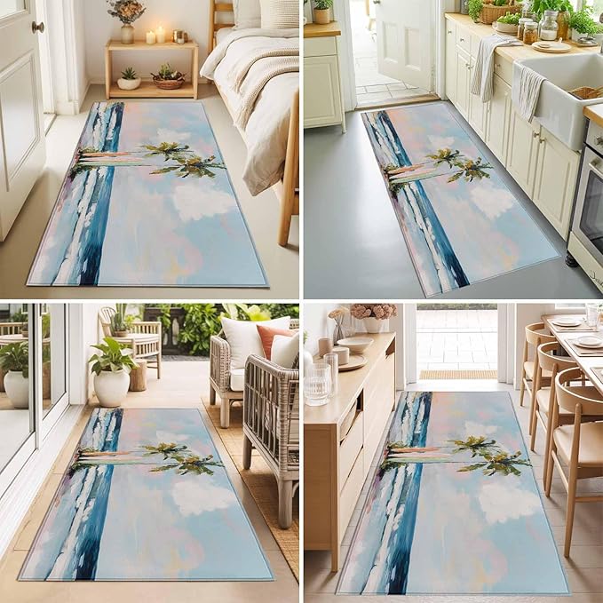 Runner Rug for Bedroom Hallway, Summer Blue Ocean Surfboard Kitchen Runner Rugs Area Rug 2x6ft, Tropical Plant Palm Tree Washable Soft Floor Carpet for Entryway Stair