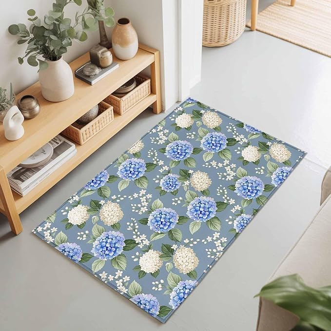 Area Rug 2x3ft, Watercolor Purple White Hydrangea Washable Rugs for Living Room Bedroom, Spring Flower on Gray Blue Soft Non-Slip Area Rugs Rectangle Floor Carpet for Dining Room
