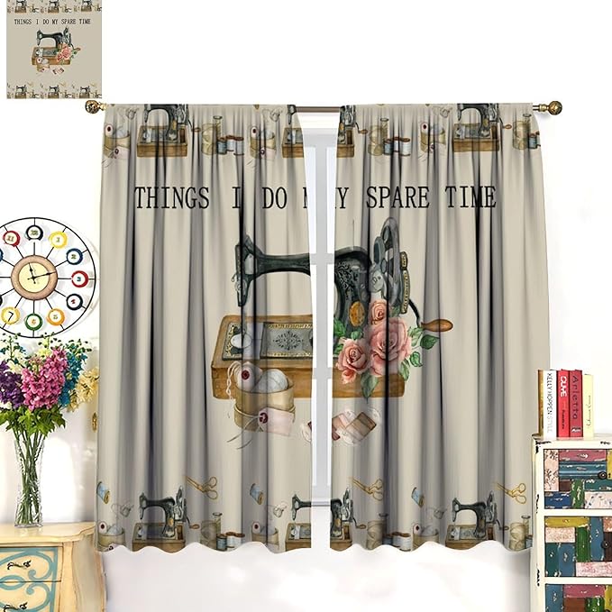 Sewing Theme Curtain,Sewing Machine Rose Flower Pattern Window Treatment Curtains Home Decor for Bedroom Cafe Dining Room Office Living Room Kitchen Drapes, 52x96 in