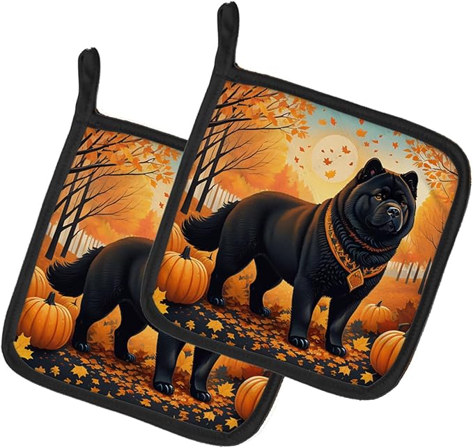 Caroline's Treasures DAC1036PTHD Black Chow Chow Fall Pair of Pot Holders Kitchen Heat Resistant Pot Holders Sets Oven Hot Pads for Cooking Baking BBQ, 7 1/2 x 7 1/2