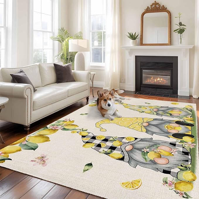 Area Rug 6x9ft, Summer Gnome with Lemon Washable Rugs for Living Room Bedroom, Farmhouse Dwarf Fruit on Linen Soft Non-Slip Area Rugs Rectangle Floor Carpet for Dining Room