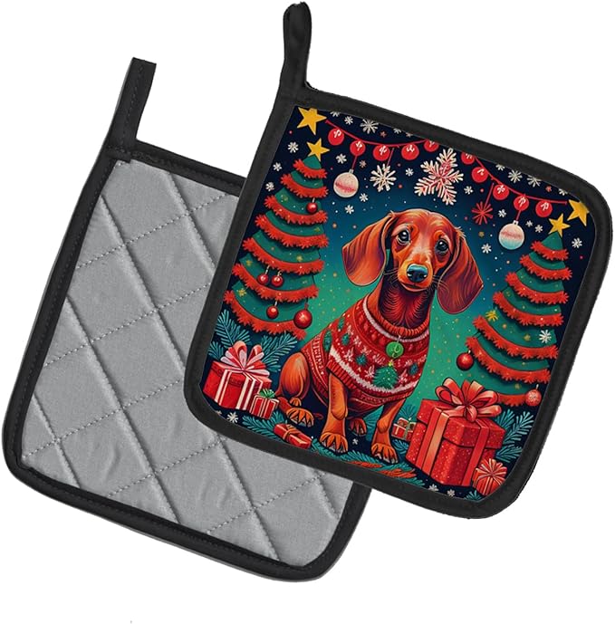 Caroline's Treasures Dachshund Christmas Pair of Pot Holders Kitchen Heat Resistant Pot Holders Sets Oven Hot Pads for Cooking Baking BBQ, 7 1/2 x 7 1/2
