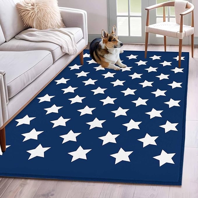 Area Rug 3x5ft, 4th of July White Star on Navy Blue Washable Rugs for Living Room Bedroom, Independence Freedom Liberty Soft Non-Slip Area Rugs Rectangle Floor Carpet for Dining Room