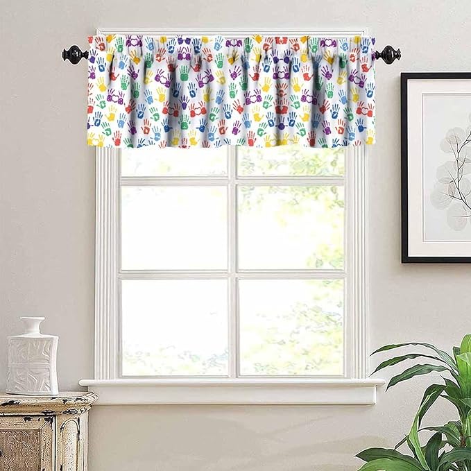 Colorful Handprint Valance, Back to School First Day Kids Students Short Window Treatment for Kitchen Bedroom School Classroom, 54x18Inch