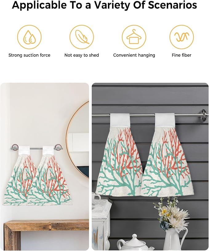 Alandar Home Kitchen Tie Towel Set of 2, Ocean Teal Orange Coral on Linen Absorbent Soft Hand Towels for Bathroom Hanging Towels, Nautical Abstract Marine Life Fast Drying Cleaning Cloth with Loop