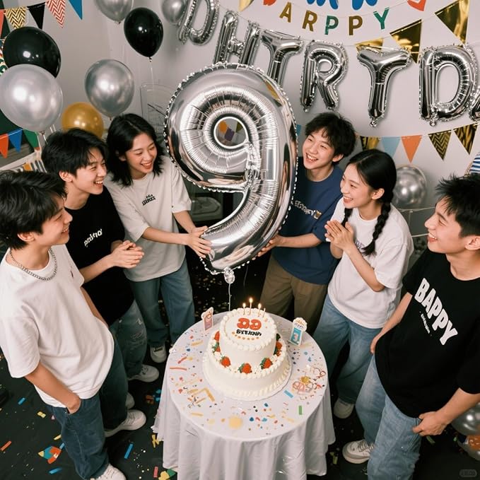 9Th Birthday Decorations Numbers 9 Balloons, Happy Birthday Decoration for 9th, Silver Balloon Numbers 40 Inch for Girls Boys Women Men Engagement, Bridal Shower Party