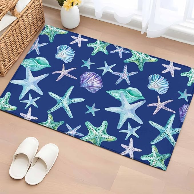 Area Rug 2x3ft, Summer Starfish Shell Conch Washable Rugs for Living Room Bedroom, Marine Creature on Blue Soft Non-Slip Area Rugs Rectangle Floor Carpet for Dining Room