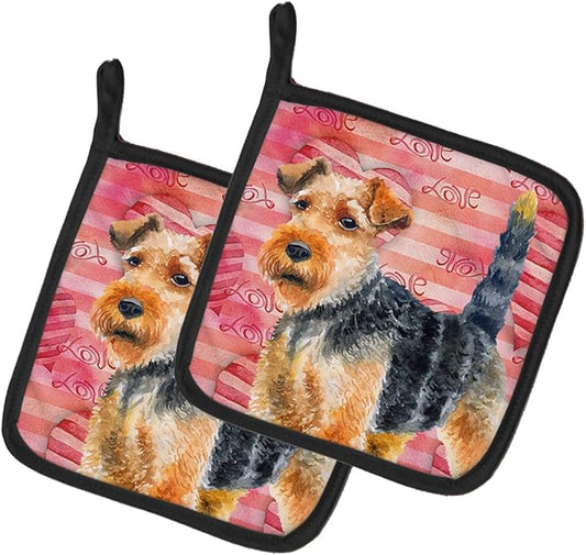 Caroline's Treasures BB9787PTHD Welsh Terrier Love Pair of Pot Holders, Red Kitchen Heat Resistant Pot Holders Sets Oven Hot Pads for Cooking Baking BBQ, 7 1/2 x 7 1/2