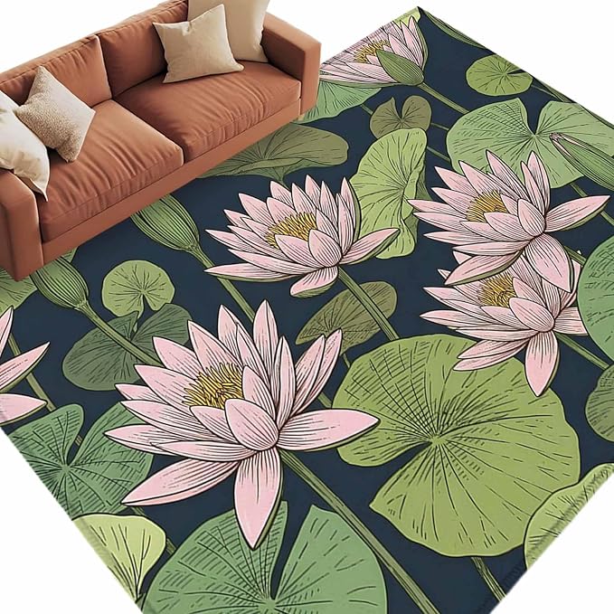 Area Rug 9x12ft, Pink Lotus Water Lily Dark Green Leaves Washable Rugs for Living Room Bedroom Rectangle Floor Carpet, Oriental Style Soft Non-Slip Area Rugs for Dining Room