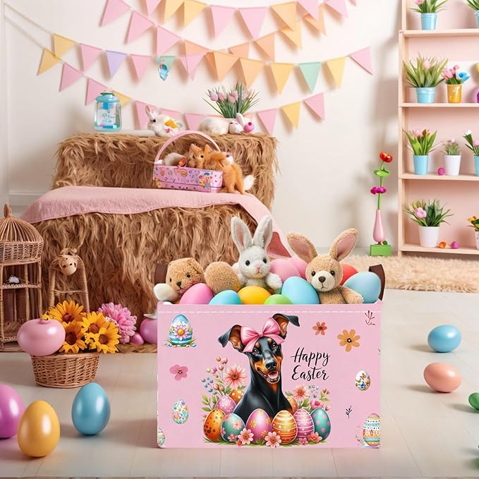 Kid Large Empty Easter Basket Gift Personalized Fabric Bunny Easter Basket for Boy and Girl Room Decor Storage Bin (Dog Easter Egg Pink)