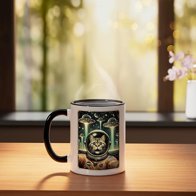 Space Cat Astronaut Funny UFO Sci-fi Alien Selfie Ceramic Mug, Black/White