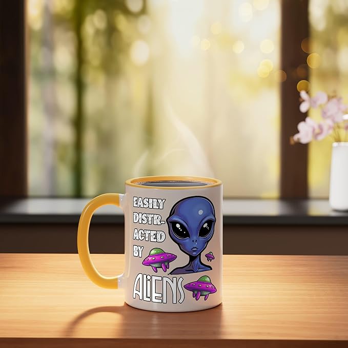 Easily Distracted By Aliens Funny Sci Fi Apparel Design Ceramic Mug, Yellow/White