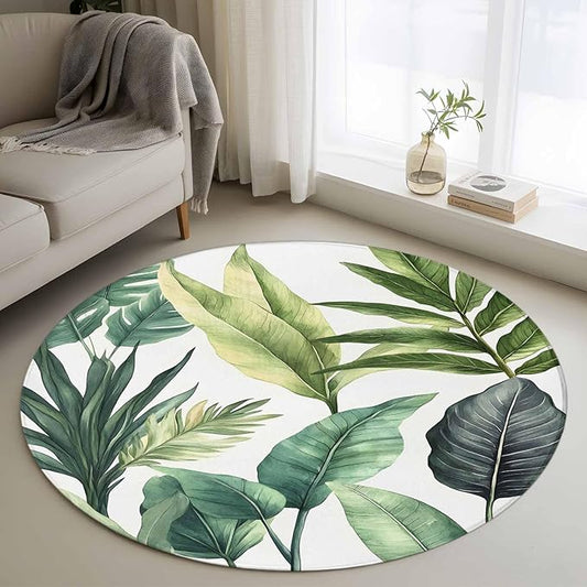 Washable Round Area Rug Summer Green Tropical Palm Leaves Circle Rugs Floor Carpet for Living Room Bedroom, Watercolor Plant Soft Non Slip Round Rug 3ft