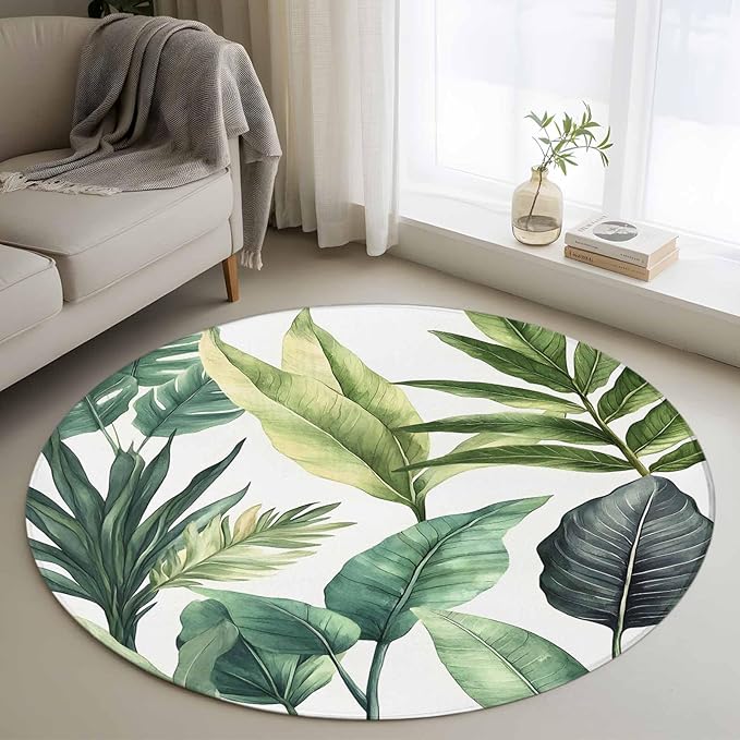 Washable Round Area Rug Summer Green Tropical Palm Leaves Circle Rugs Floor Carpet for Living Room Bedroom, Watercolor Plant Soft Non Slip Round Rug 4ft