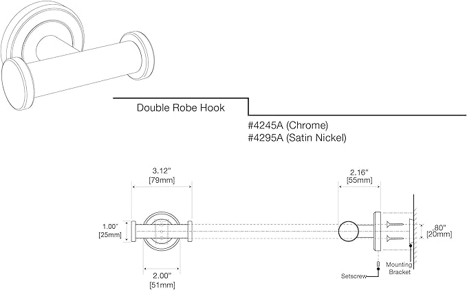 Gatco 4295A Latitude II Double Robe Hook | Wall-Mounted Bathroom Hook for Towels & Robes | Premium Metal, Satin Nickel Finish