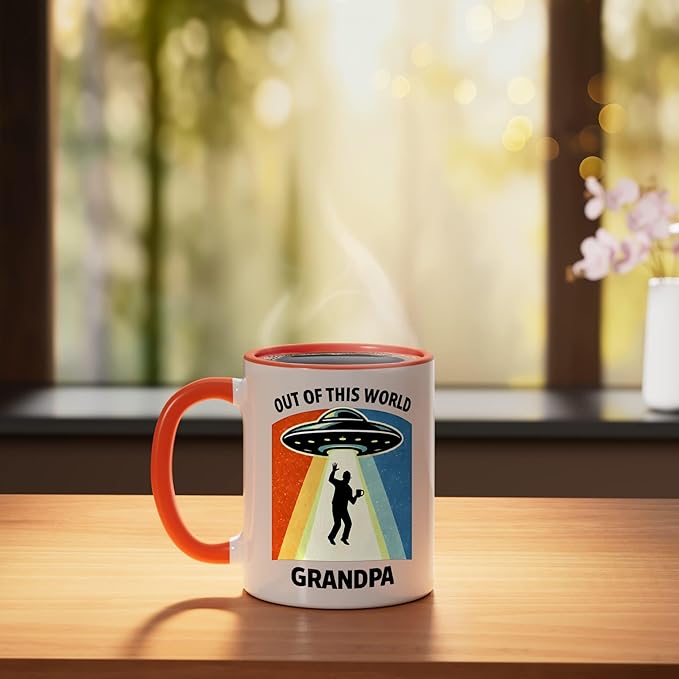 Out of This World Alien Grandpa UFO Abduction Grandfather Ceramic Mug, Orange/White