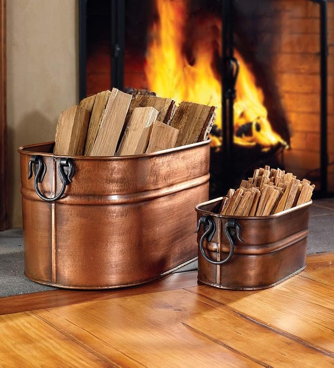 Plow & Hearth Vintage-Style Antique Copper Firewood Bucket with Wrought Iron Handles | Decorative Firewood Rack | Galvanized Steel Log Holder for Fireplace | 13.25" W x 11.25" H x 21.25" L