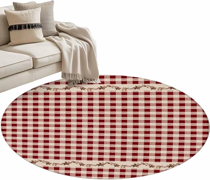 Washable Round Area Rug Vintage Red Buffalo Plaid Berry Circle Rugs Floor Carpet for Living Room Bedroom, Farmhouse Western Star Soft Non Slip Round Rug 4ft