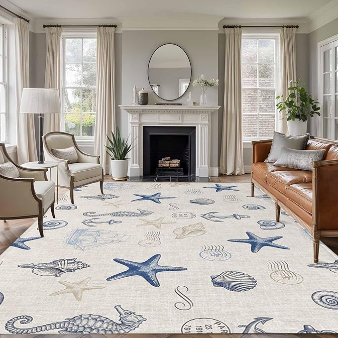 Area Rug 9x12ft, Coastal Seahorse Starfish Shell Conch Washable Rugs for Living Room Bedroom Rectangle Floor Carpet, Vintage Nautical Anchor Soft Non-Slip Area Rugs for Dining Room